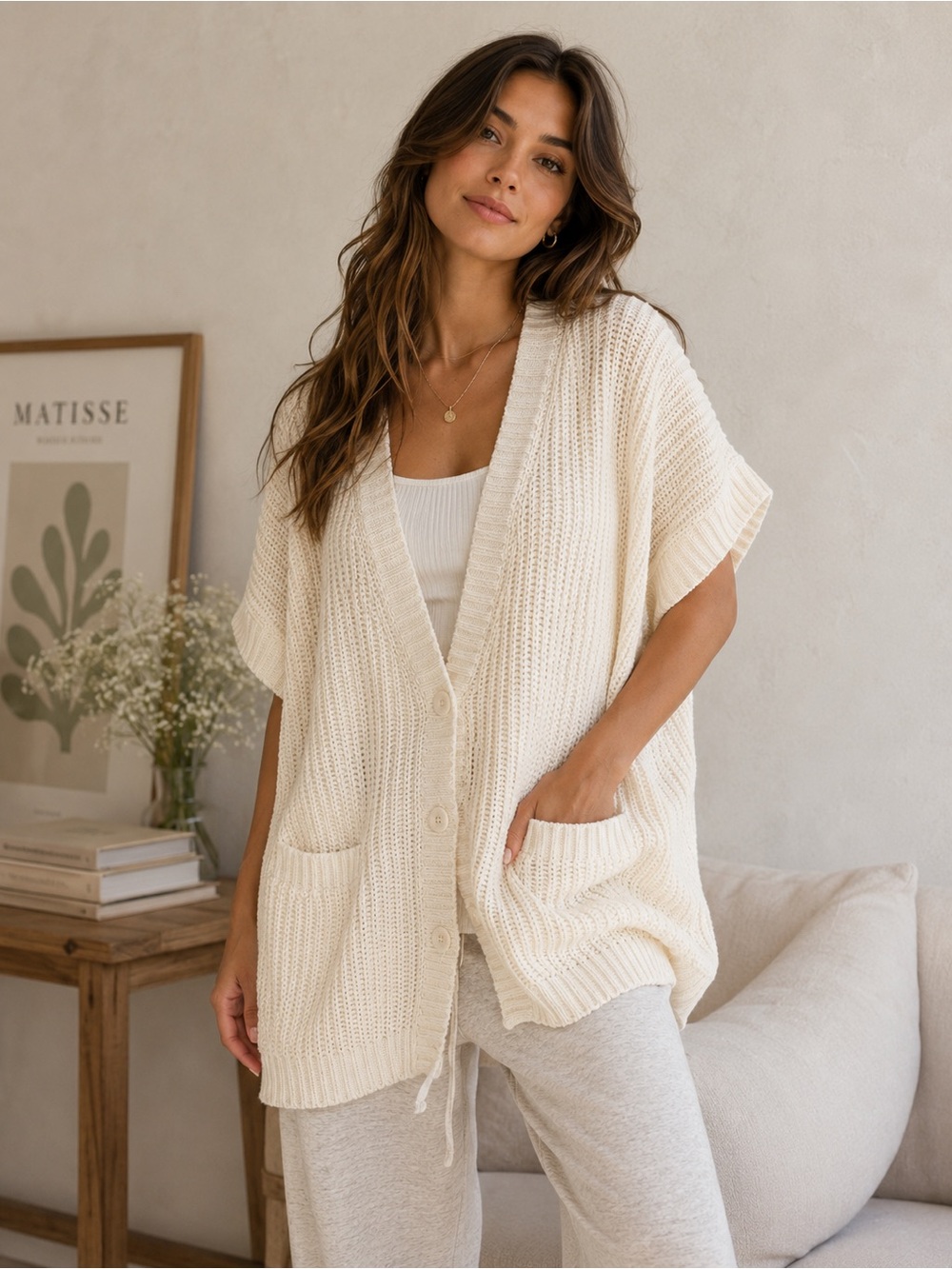 Aerie Oversized Cream Chunky Knit Sweater Vest Cardigan | Oversized Small